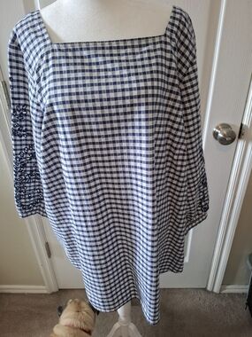 Talbots Navy and White Gingham Square-Neck Tunic
